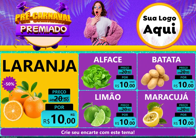 Modelo de Encarte para Encarte A4 Horizontal com o tema Pré-Carnaval Premiado para Hortifrúti