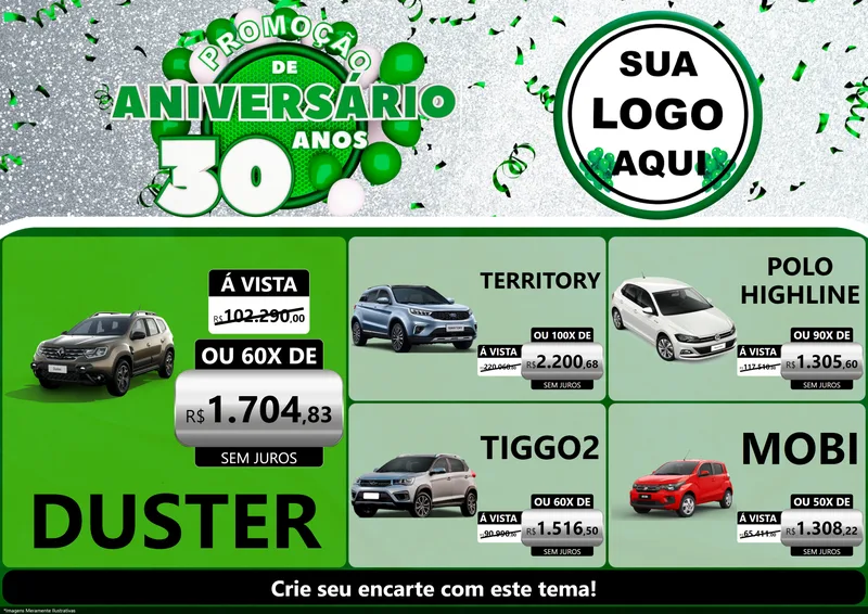 Modelo de Encarte para Encarte A4 Horizontal com o tema Promoção de Aniversário - 30 Anos para Concessionaria de Carros