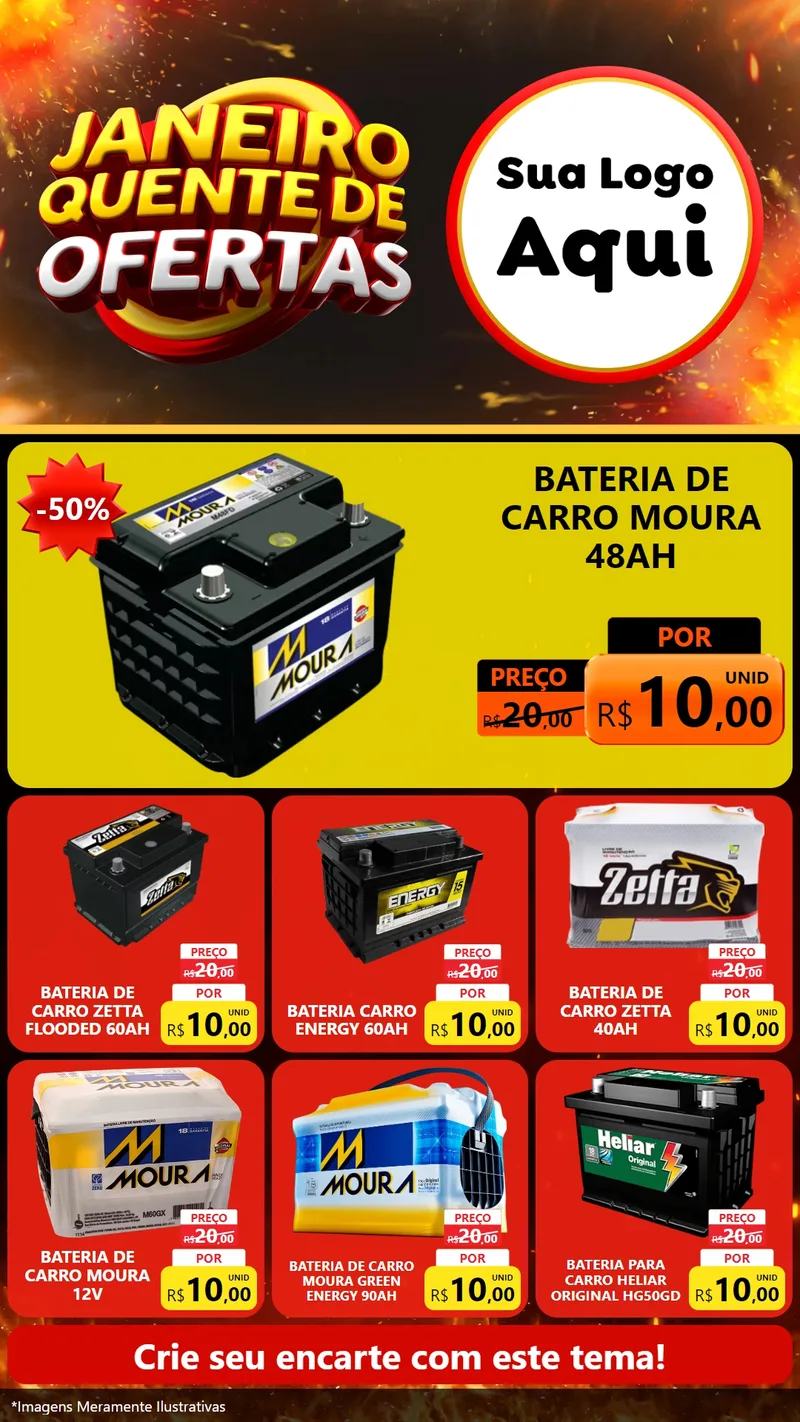 Modelo de Rede Social para Stories com o tema Janeiro Quente de Ofertas para Baterias Elétricas