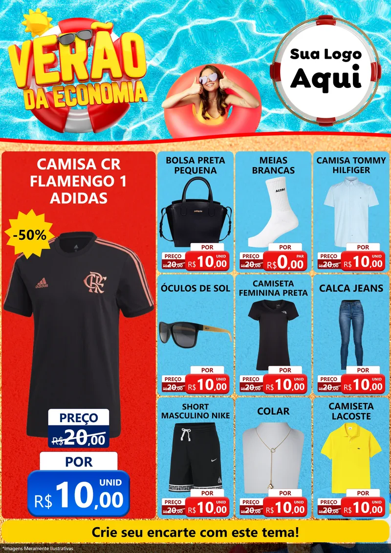 Modelo de Encarte para Encarte A4 Vertical com o tema Verão da Economia para Roupas e acessórios