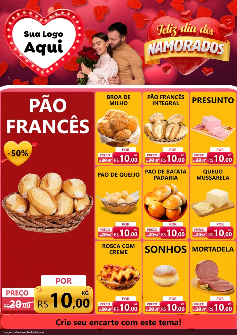Modelo de Encarte para Encarte A4 Vertical com o tema Feliz Dia Dos Namorados para Padaria