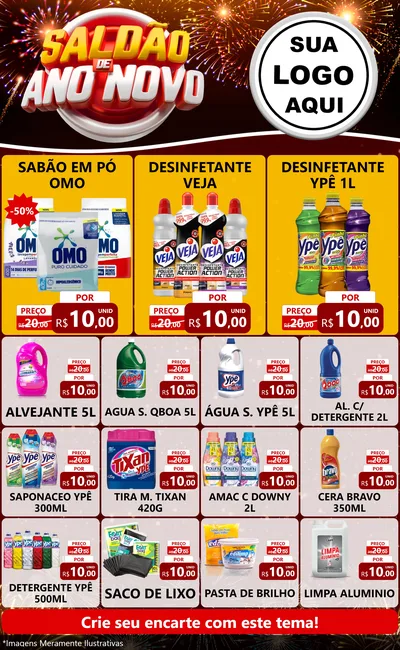 Modelo de Encarte para Encarte Grande com o tema Saldão de Ano Novo para Produtos de Limpeza