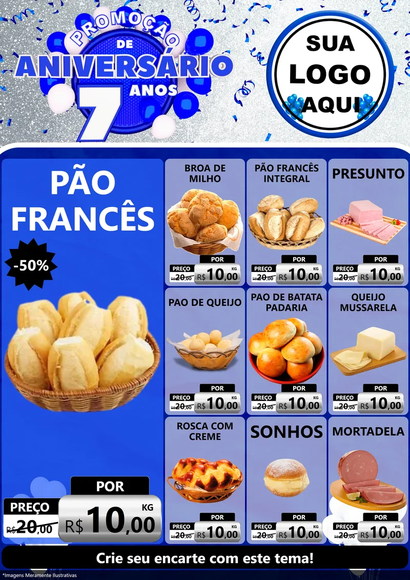 Modelo de Encarte para Encarte A4 Vertical com o tema Promoção de Aniversário - 7 Anos para Padaria