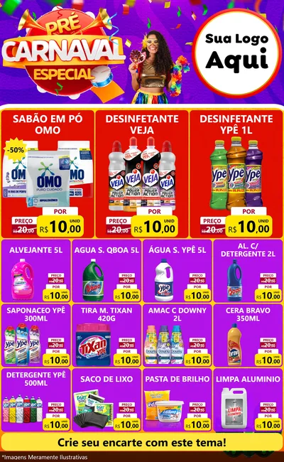 Modelo de Encarte para Encarte Grande com o tema Pré-Carnaval Especial para Produtos de Limpeza