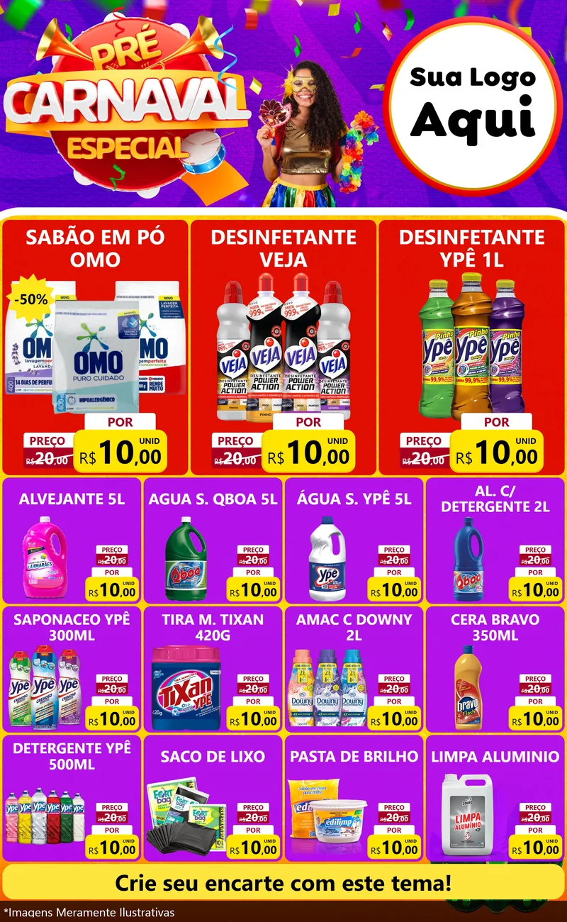 Modelo de Encarte para Encarte Grande com o tema Pré-Carnaval Especial para Produtos de Limpeza