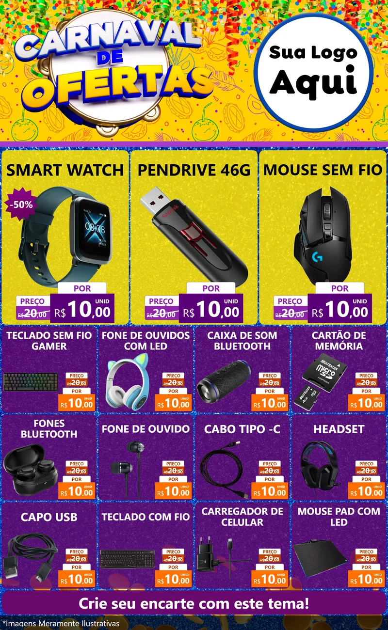 Modelo de Encarte para Encarte Grande com o tema Carnaval de Ofertas para Informática