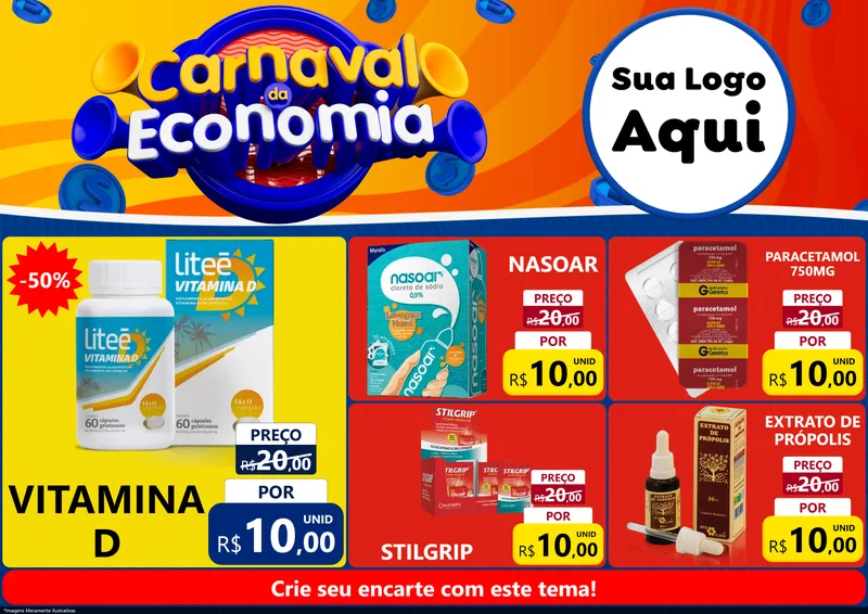 Modelo de Encarte para Encarte A4 Horizontal com o tema Carnaval da Economia para Farmácia