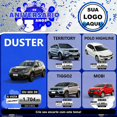 Modelo de Rede Social para Feed Facebook com o tema Promoção de Aniversário - 3 Anos para Concessionaria de Carros