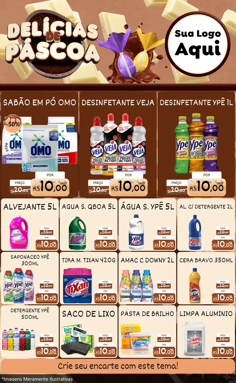 Modelo de Encarte para Encarte Grande com o tema Delícias de Páscoa para Produtos de Limpeza