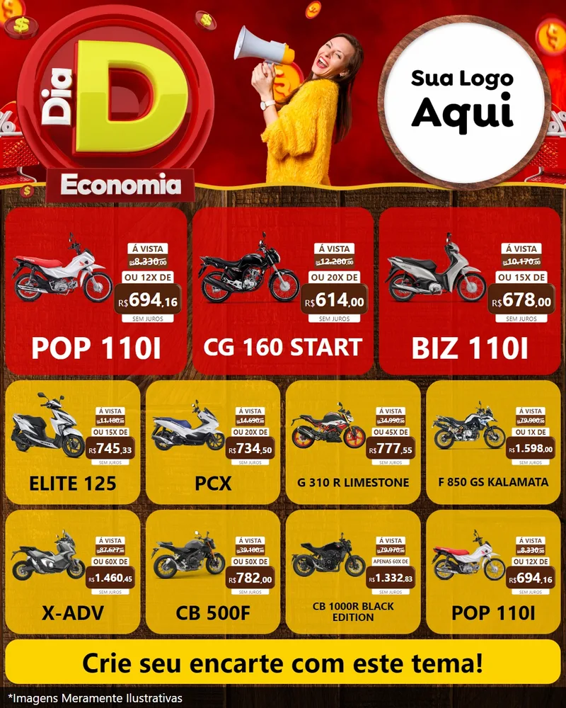 Modelo de Rede Social para Feed Instagram com o tema Dia D Economia para Concessionaria de Motos