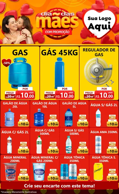 Modelo de Encarte para Encarte Grande com o tema Dia das Mães com Promoção para Água e gás