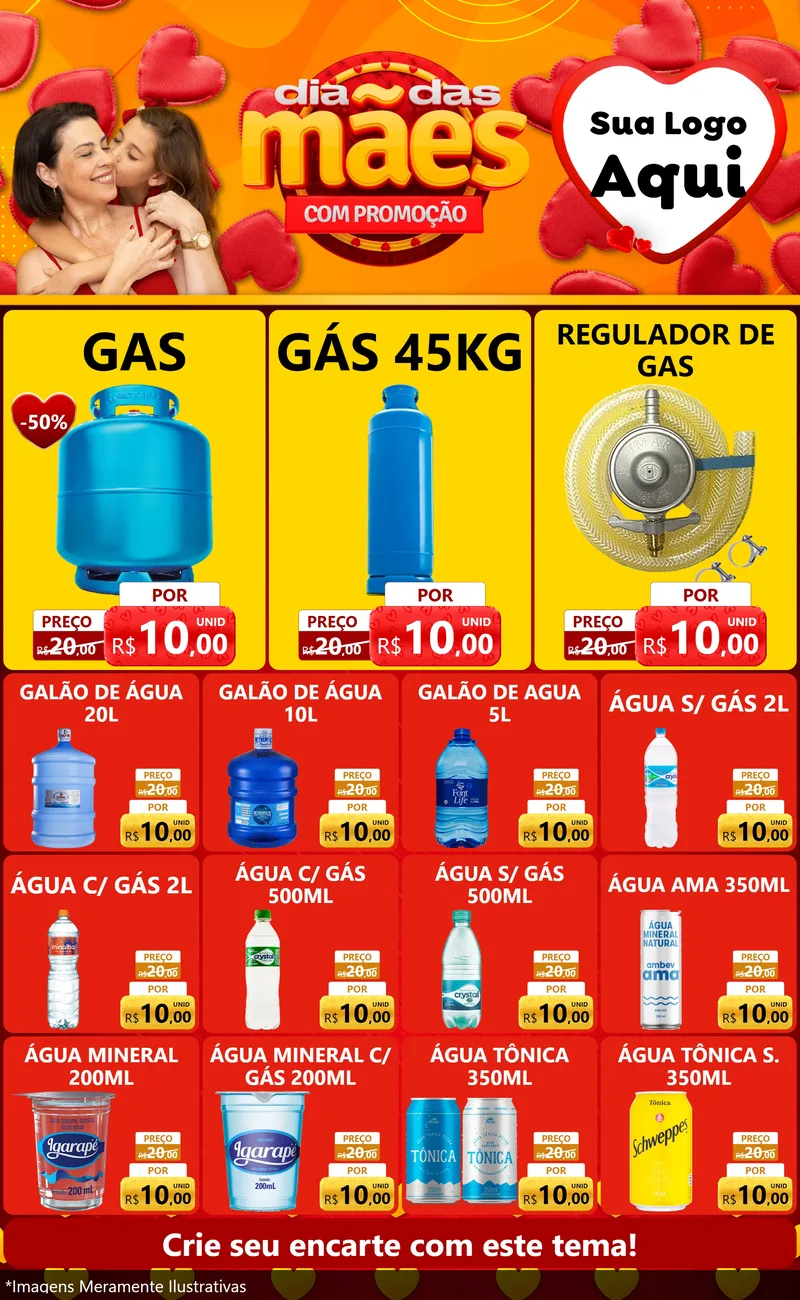 Modelo de Encarte para Encarte Grande com o tema Dia das Mães com Promoção para Água e gás