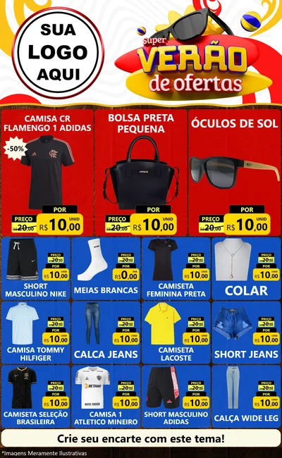 Modelo de Encarte para Encarte Grande com o tema Super Verão de Ofertas para Roupas e acessórios