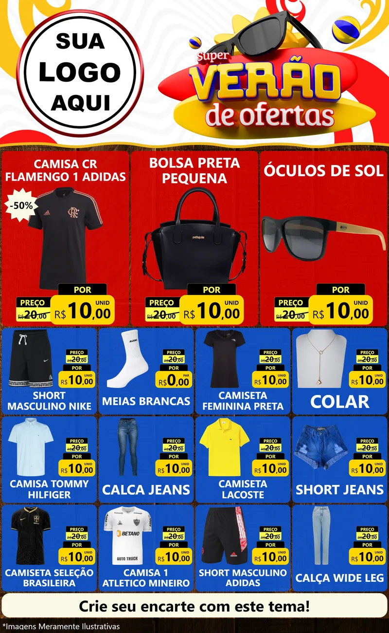 Modelo de Encarte para Encarte Grande com o tema Super Verão de Ofertas para Roupas e acessórios