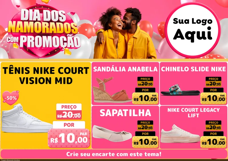 Modelo de Encarte para Encarte A4 Horizontal com o tema Dia dos Namorados com Promoção para Calçados