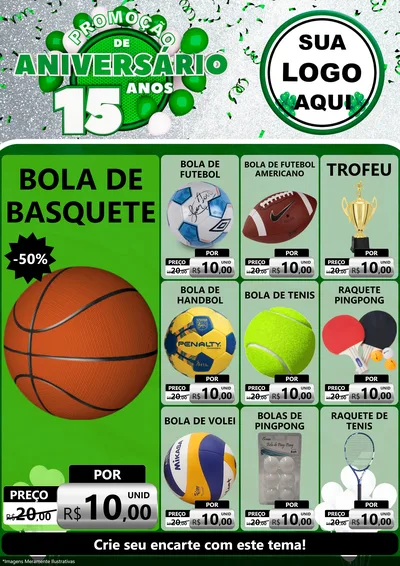 Modelo de Encarte para Encarte A4 Vertical com o tema Promoção de Aniversário - 15 Anos para Artigos Esportivos