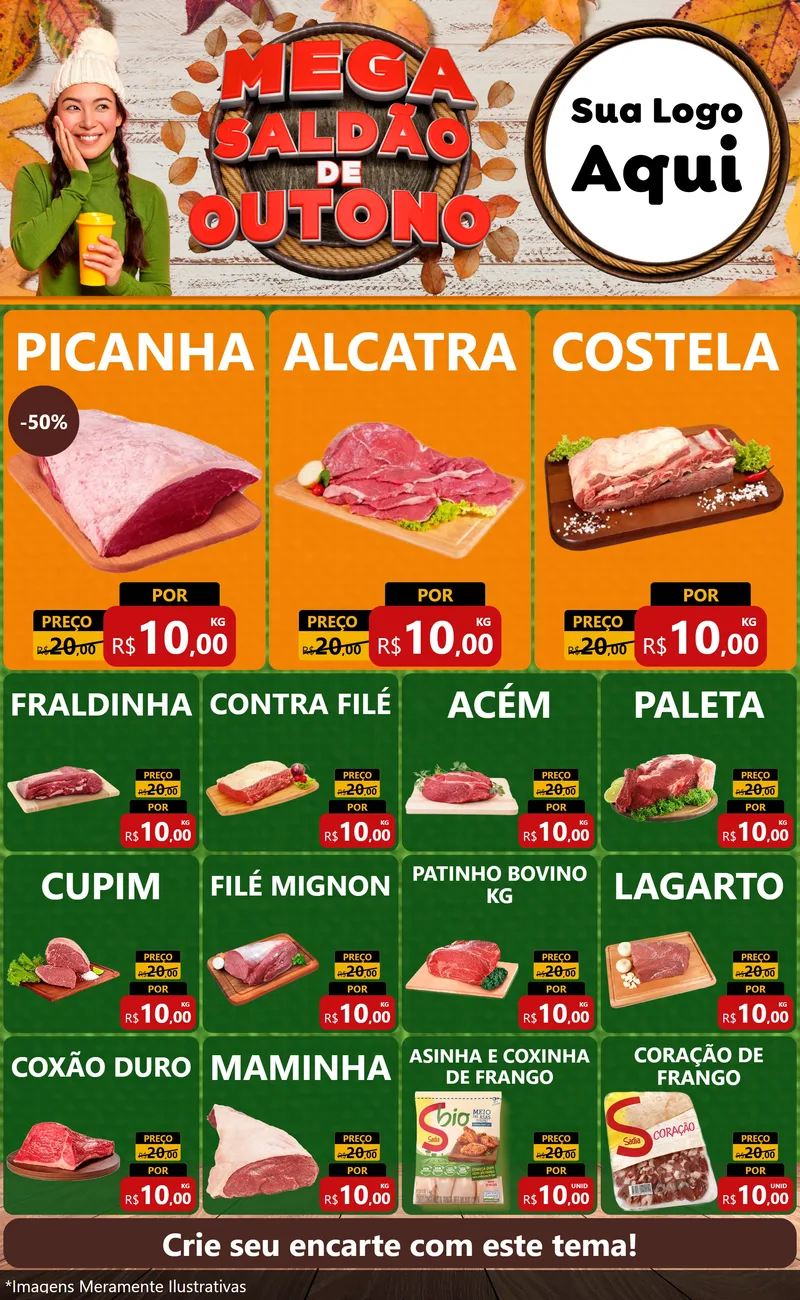 Modelo de Encarte para Encarte Grande com o tema Mega Saldão de Outono para Açougue