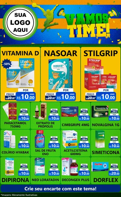 Modelo de Encarte para Encarte Grande com o tema Vamos Time! para Farmácia