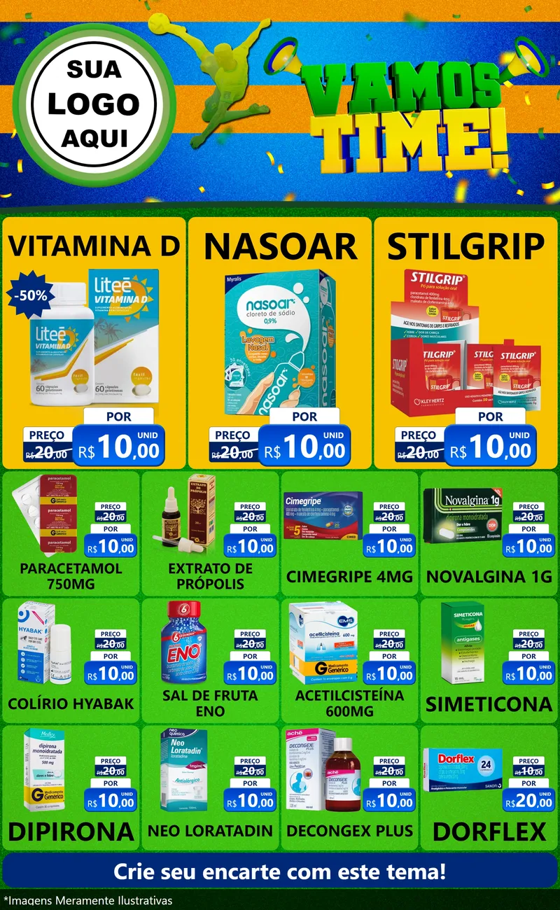 Modelo de Encarte para Encarte Grande com o tema Vamos Time! para Farmácia
