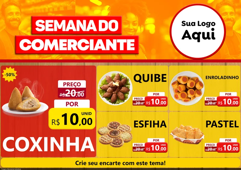 Modelo de Encarte para Encarte A4 Horizontal com o tema Semana do Comerciante para Salgadaria