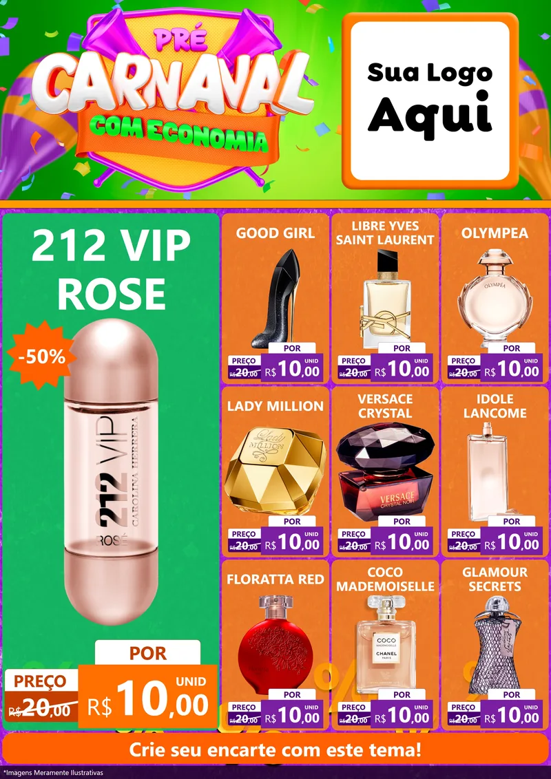 Modelo de Encarte para Encarte A4 Vertical com o tema Pré-Carnaval Com Economia para Perfumes