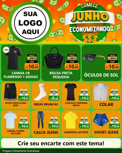 Modelo de Rede Social para Feed Instagram com o tema Comece Junho Economizando para Roupas e acessórios