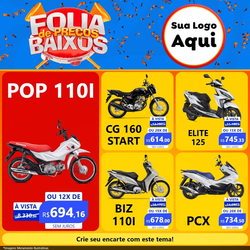 Modelo de Rede Social para Feed Facebook com o tema Folia de Preços Baixos para Concessionaria de Motos