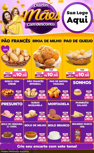 Modelo de Encarte para Encarte Grande com o tema Dia das Mães com Desconto para Padaria