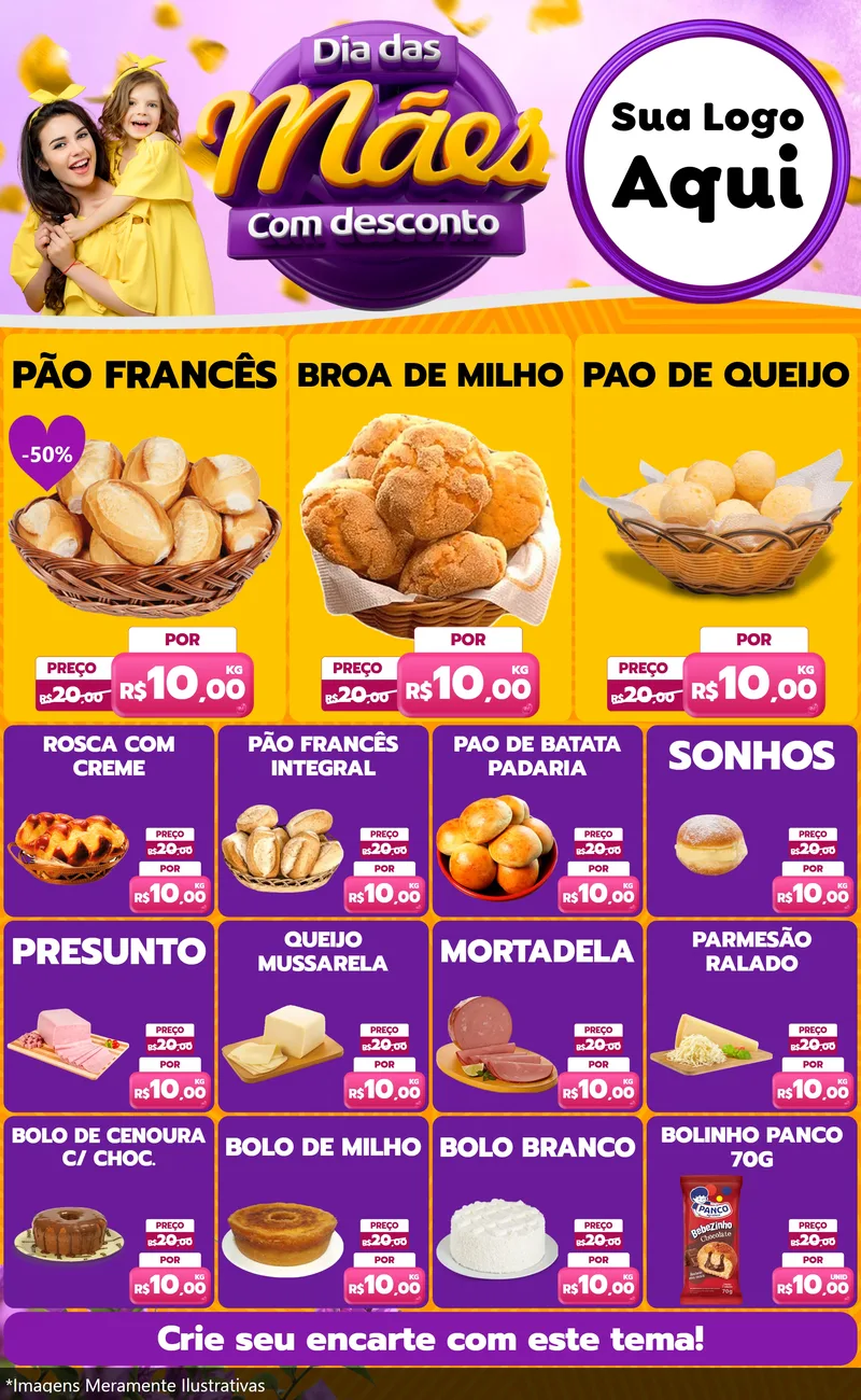 Modelo de Encarte para Encarte Grande com o tema Dia das Mães com Desconto para Padaria