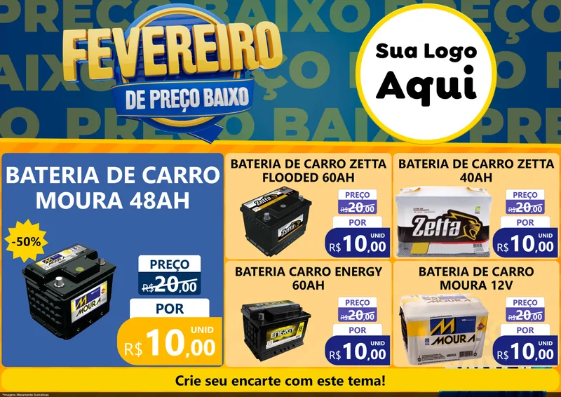 Modelo de Encarte para Encarte A4 Horizontal com o tema Fevereiro de Preço Baixo para Baterias Elétricas