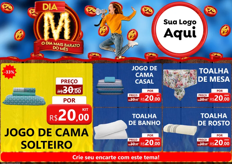 Modelo de Encarte para Encarte A4 Horizontal com o tema Dia M - O Dia Mais Barato Do Mês para Cama, Mesa e Banho