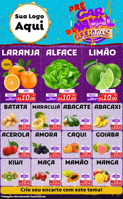 Modelo de Encarte para Encarte Grande com o tema Pré Carnaval de Ofertas para Hortifrúti