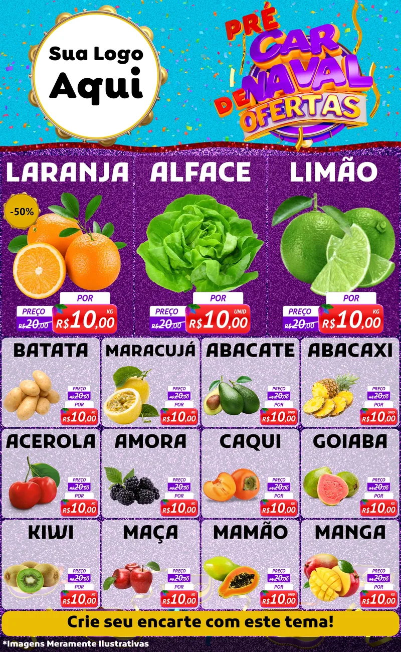 Modelo de Encarte para Encarte Grande com o tema Pré Carnaval de Ofertas para Hortifrúti