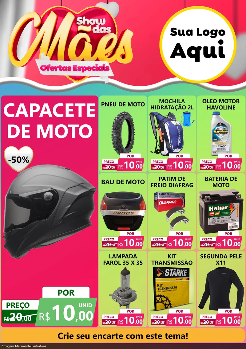 Modelo de Encarte para Encarte A4 Vertical com o tema Show das Mães - Ofertas Especiais para Moto peças