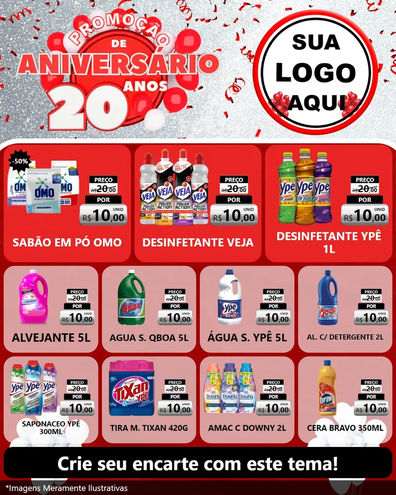 Modelo de Rede Social para Feed Instagram com o tema Promoção de Aniversário - 20 Anos para Produtos de Limpeza