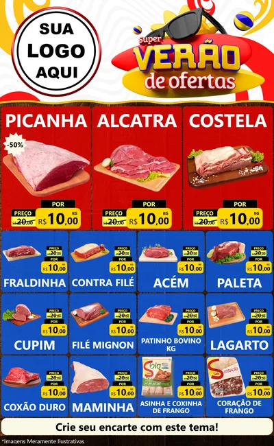 Modelo de Encarte para Encarte Grande com o tema Super Verão de Ofertas para Açougue