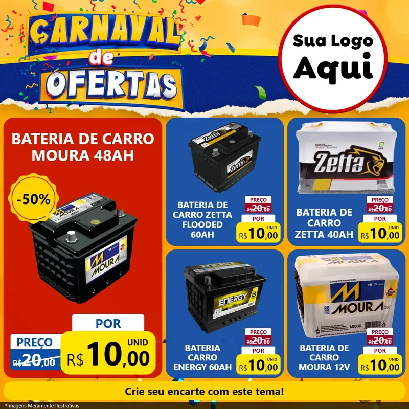 Modelo de Rede Social para Feed Facebook com o tema Carnaval de Ofertas para Baterias Elétricas
