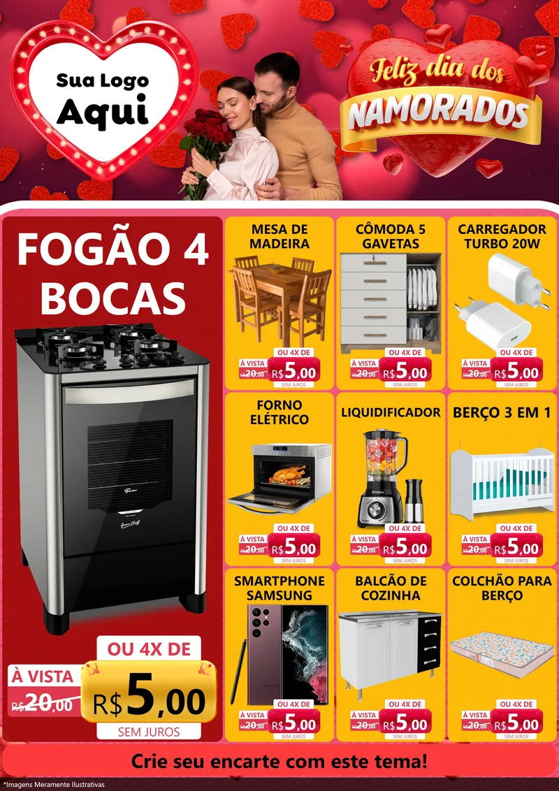 Modelo de Encarte para Encarte A4 Vertical com o tema Feliz Dia Dos Namorados para Móveis e Eletro