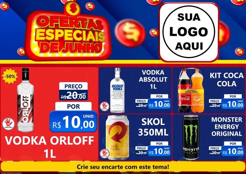 Modelo de Encarte para Encarte A4 Horizontal com o tema Ofertas Especiais de Junho para Distribuidora de bebidas