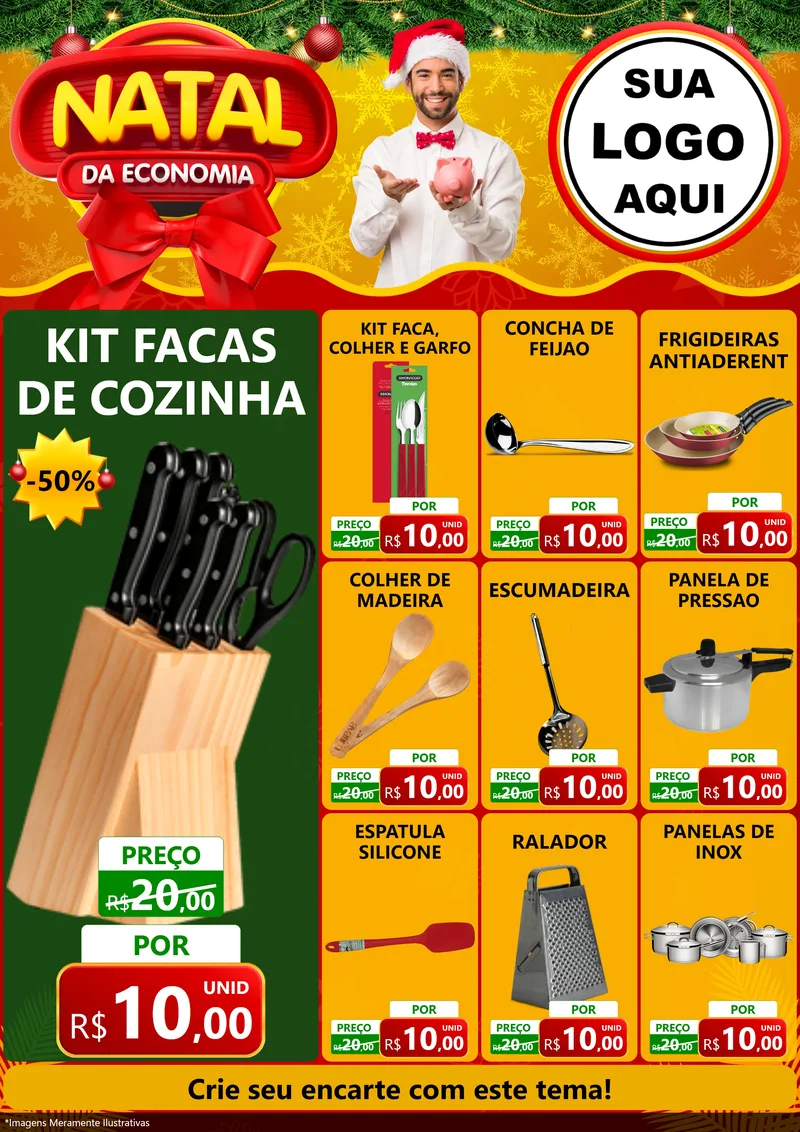 Modelo de Encarte para Encarte A4 Vertical com o tema Natal da Economia para Utilidades Domésticas