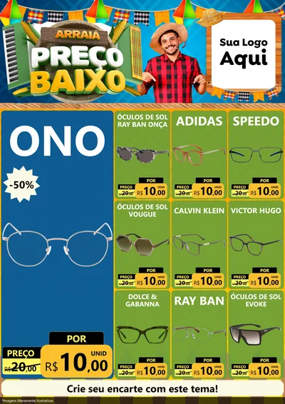 Modelo de Encarte para Encarte A4 Vertical com o tema Arraiá de Preço Baixo - Junina para Óticas