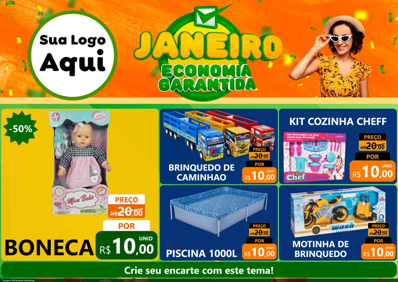 Modelo de Encarte para Encarte A4 Horizontal com o tema Janeiro - Economia Garantida para Brinquedos