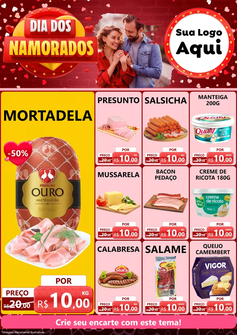 Modelo de Encarte para Encarte A4 Vertical com o tema Dia Dos Namorados para Frios e Laticínios