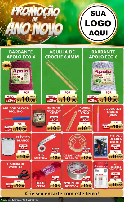 Modelo de Encarte para Encarte Grande com o tema Promoção de Ano Novo para Armarinho e Aviamentos