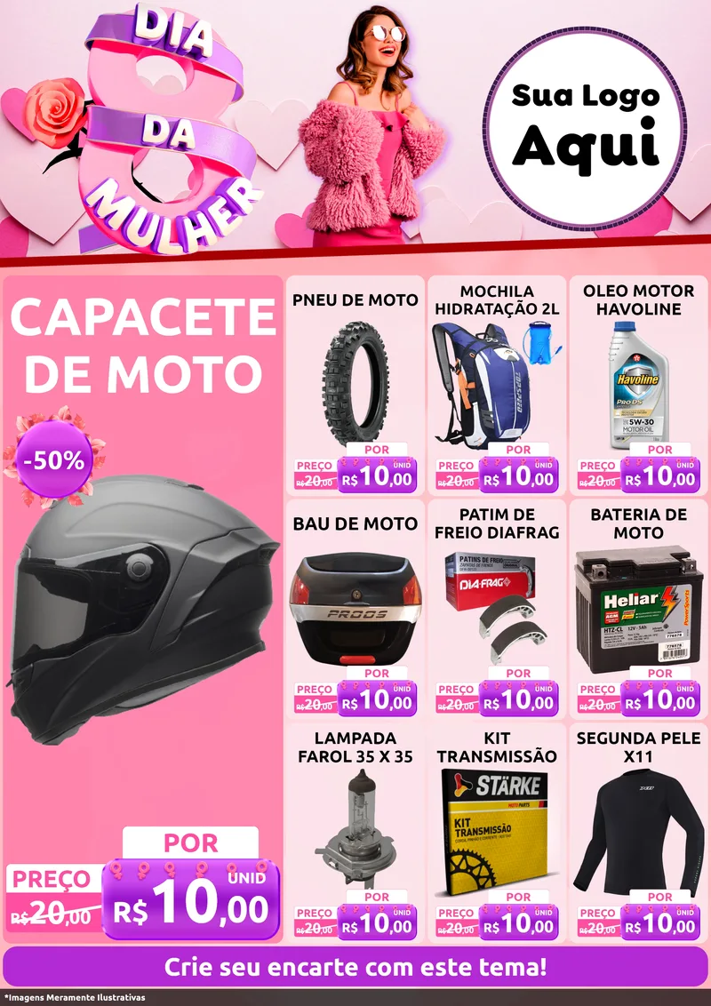 Modelo de Encarte para Encarte A4 Vertical com o tema Dia da Mulher para Moto peças