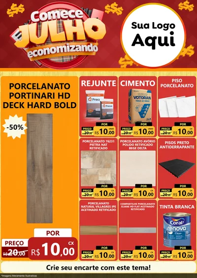Modelo de Encarte para Encarte A4 Vertical com o tema Comece Julho Economizando para Pisos e revestimentos