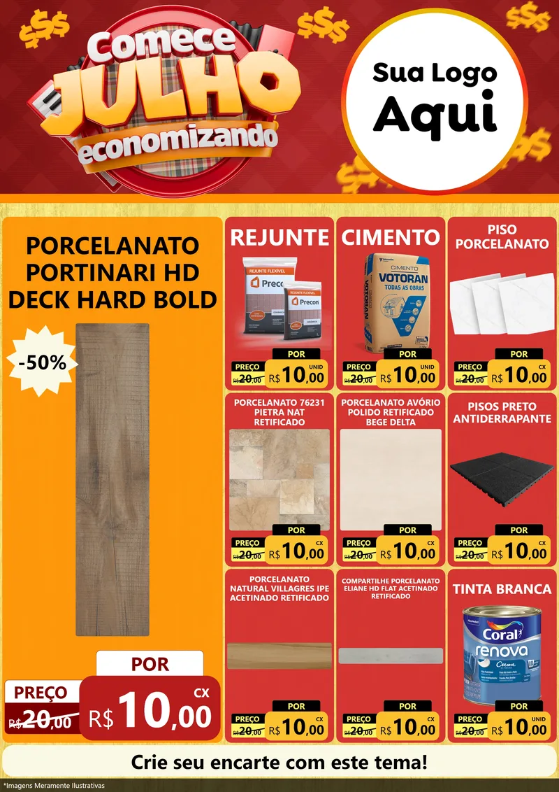 Modelo de Encarte para Encarte A4 Vertical com o tema Comece Julho Economizando para Pisos e revestimentos