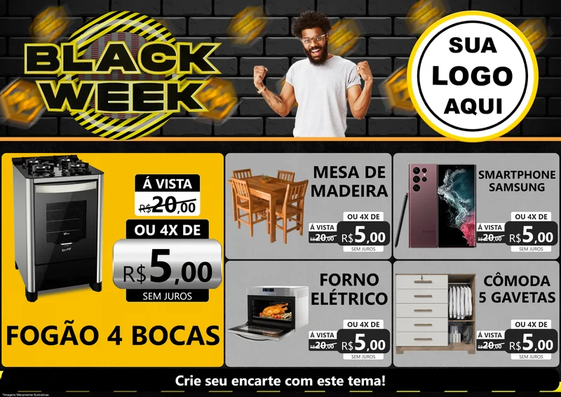 Modelo de Encarte para Encarte A4 Horizontal com o tema Black Week para Móveis e Eletro