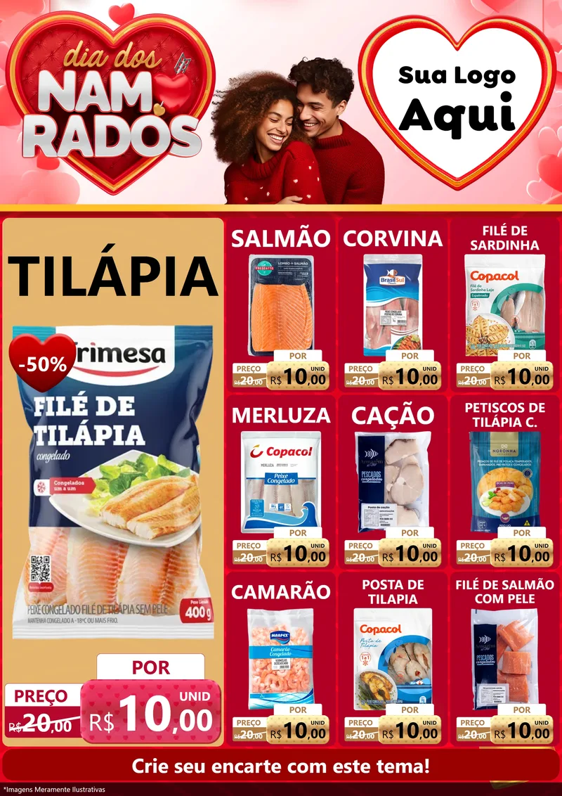 Modelo de Encarte para Encarte A4 Vertical com o tema Dia dos Namorados para Peixaria