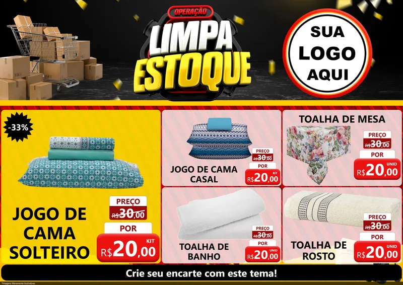 Modelo de Encarte para Encarte A4 Horizontal com o tema Operação Limpa Estoque para Cama, Mesa e Banho